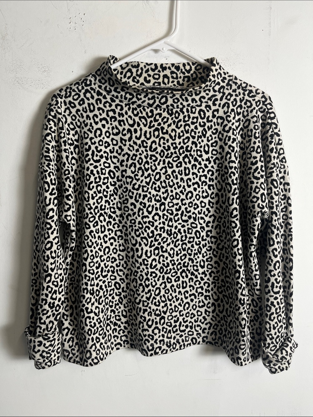 Ann Taylor Black & Cream Leopard Mock Neck Top